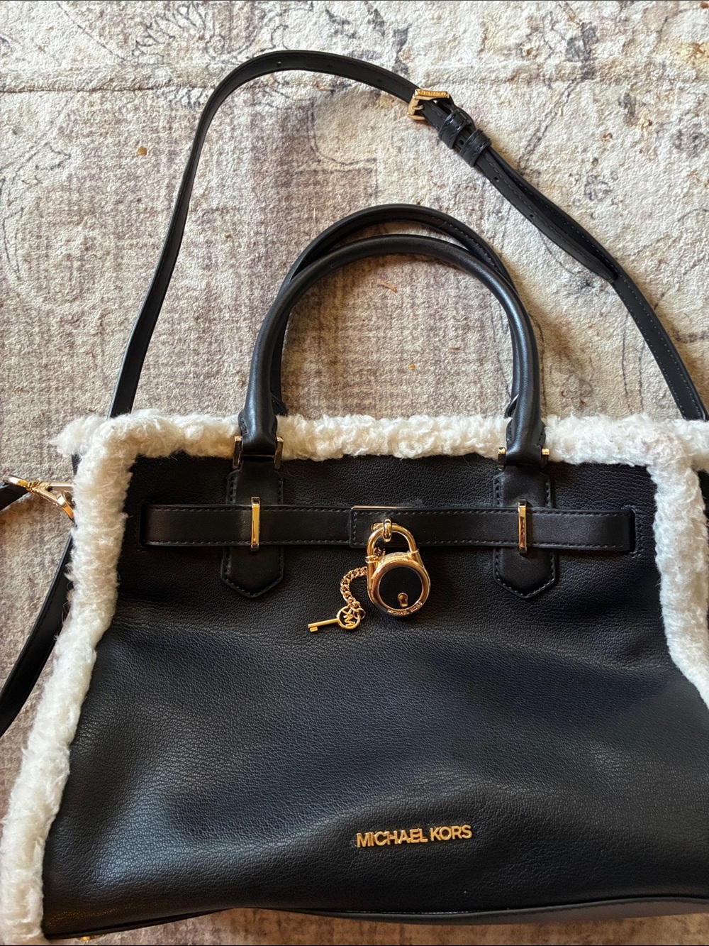 Michael Kors Hamilton Bag with White Faux Shearling Trim and Gold Hardware